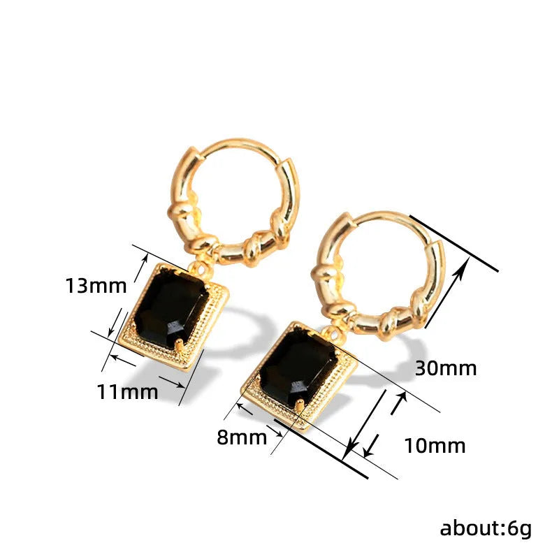 French court retro black zircon earrings with geometric quadrilateral shape on copper base
