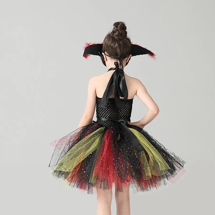 Girls sleeveless pirate dress costume with sequins, mesh, and lace detailing.