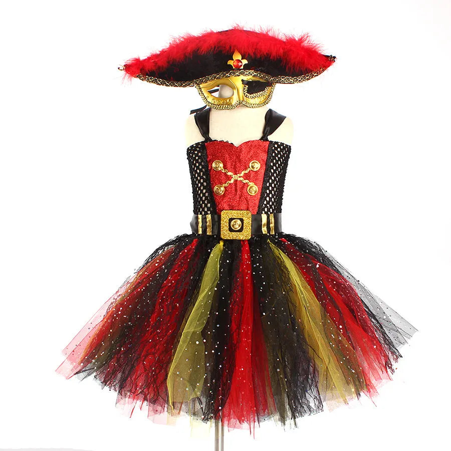 Girls sleeveless pirate dress costume with sequins, mesh, and lace detailing.