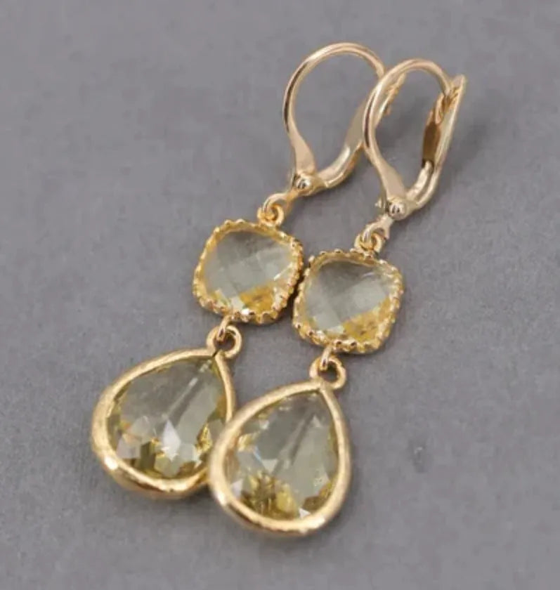 Gold retro geometric crystal long fringe earrings with water droplet design on copper with electroplated finish