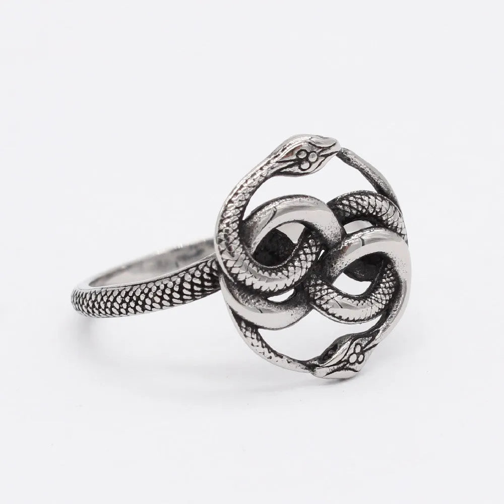 Close-up of a retro-style double snake ring made from titanium steel in a steel colour finish.