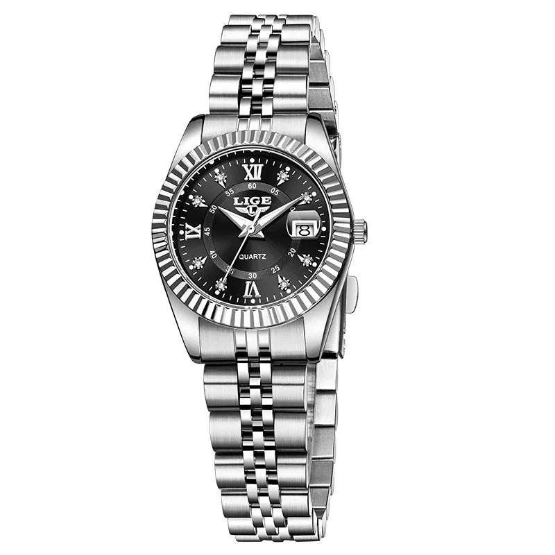 Waterproof women's fashion quartz watch with 10mm thickness in gold and silver colour variations