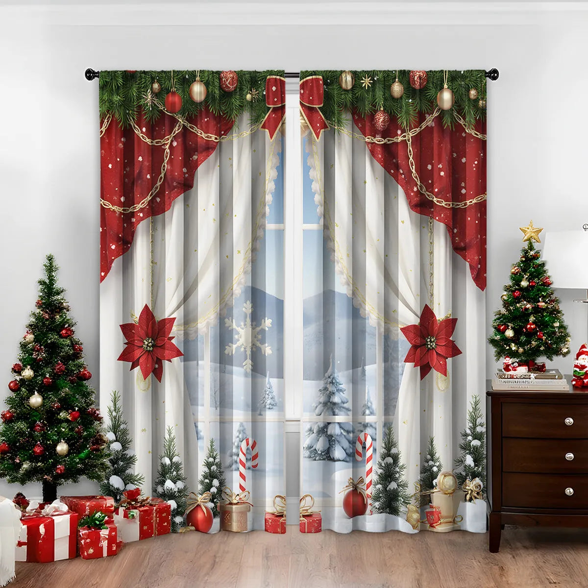 3D digitally printed Christmas curtains with European style patterns in polyester fabric
