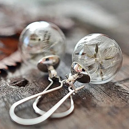 Transparent glass ball earrings with dandelion seed design and French hooks in silver or bronze finishes