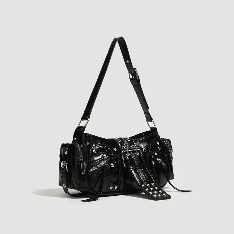 Black retro dumpling-shaped women's shoulder handbag with exterior pockets and organised interior.