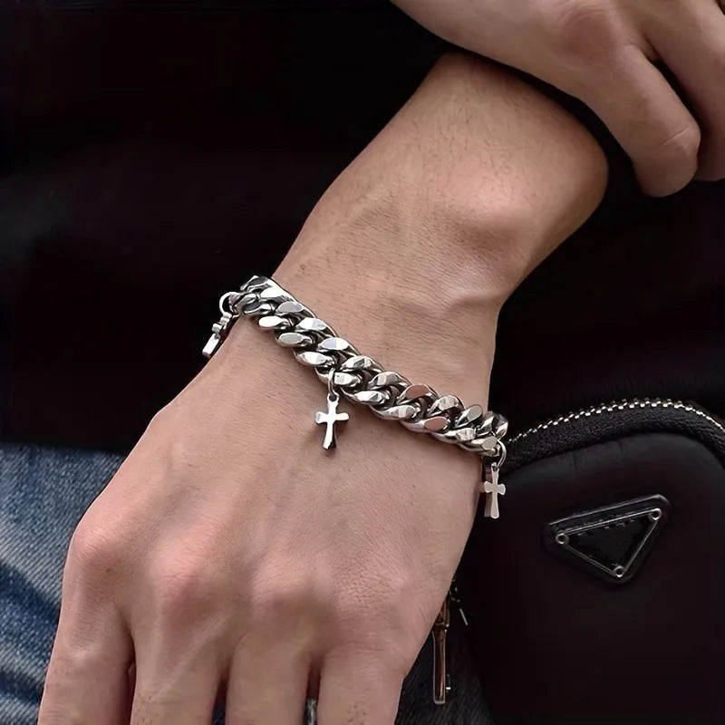 Men's geometric titanium steel bracelet with cross pendant in cold wind style