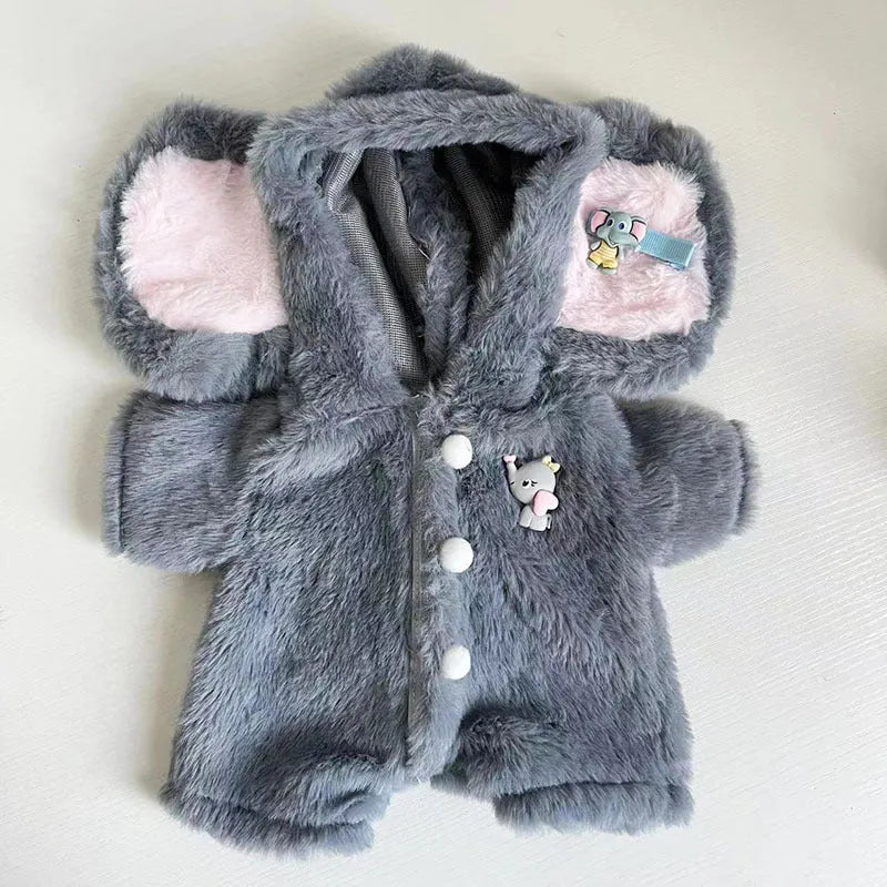 Grey elephant pattern plush jumpsuit outfit for a 30cm Lina bear doll