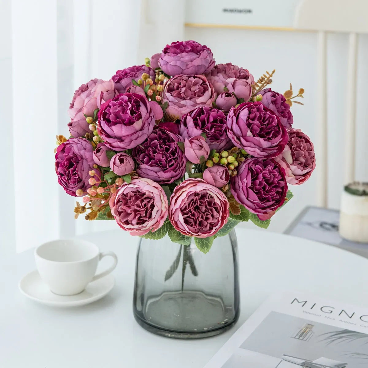 Artificial silk peony flower bouquet in a vase for home or wedding decoration
