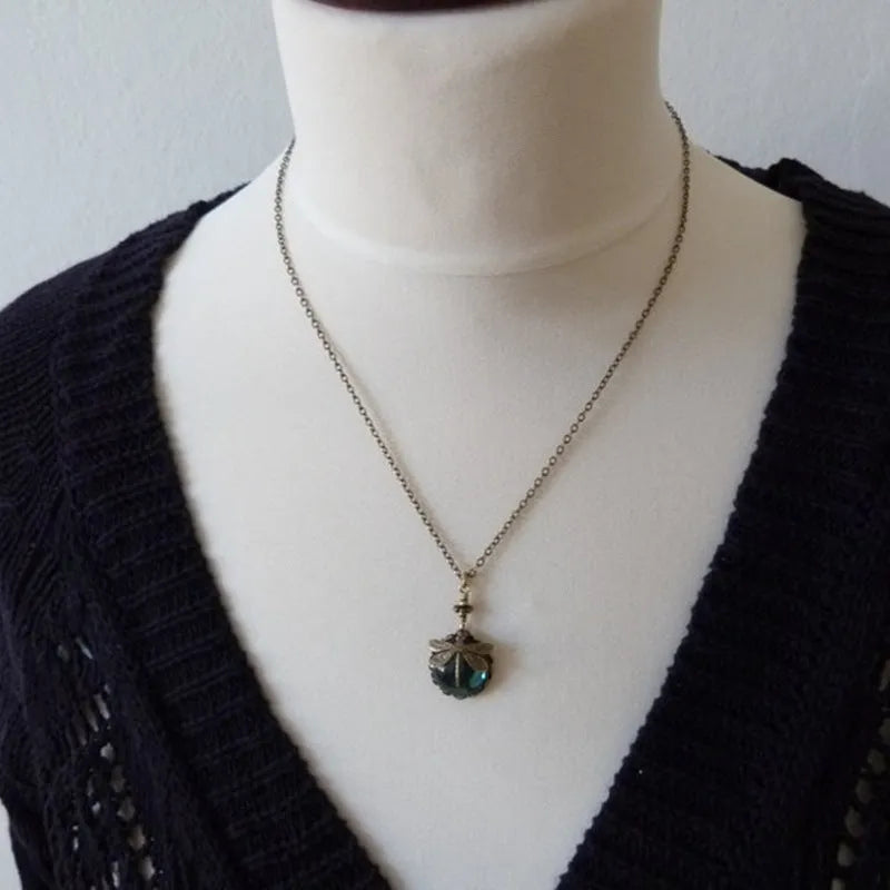 Vintage bronze hand carved dragonfly pendant necklace with 925 silver and yellow colour