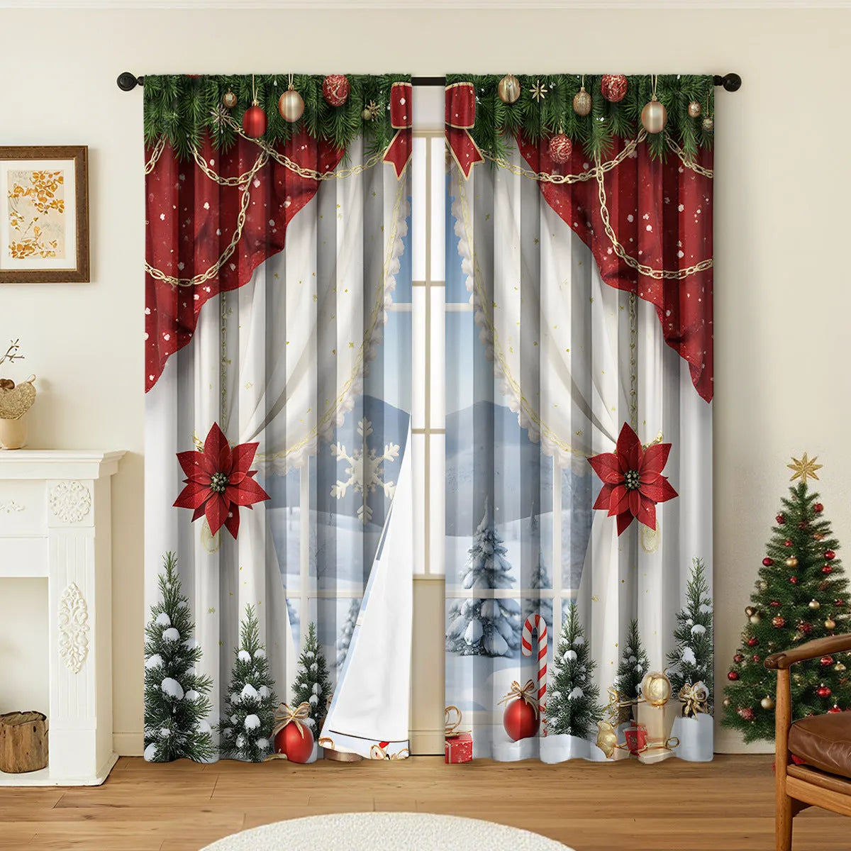 3D digitally printed Christmas curtains with European style patterns in polyester fabric