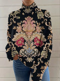 Women's black turtleneck sweater with 3D pattern print, loose fit casual style
