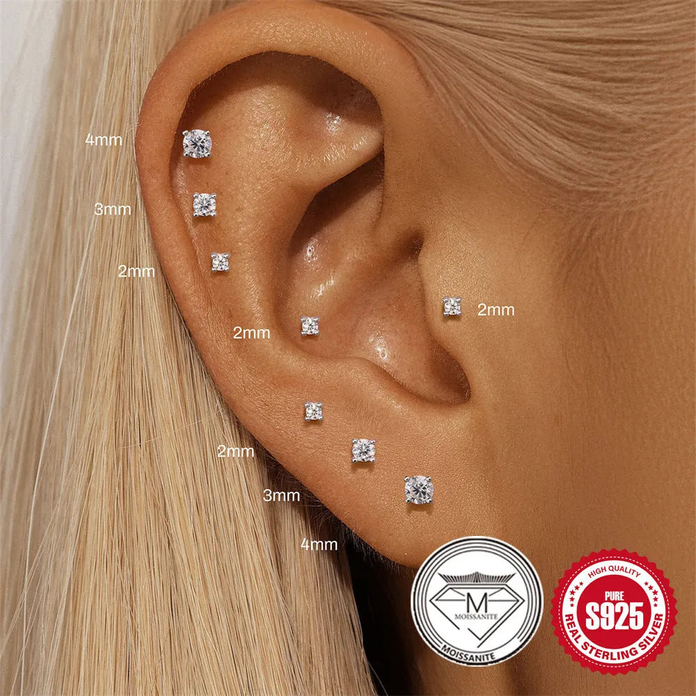 S925 sterling silver stud earrings with petal diamond geometric designs in platinum plating