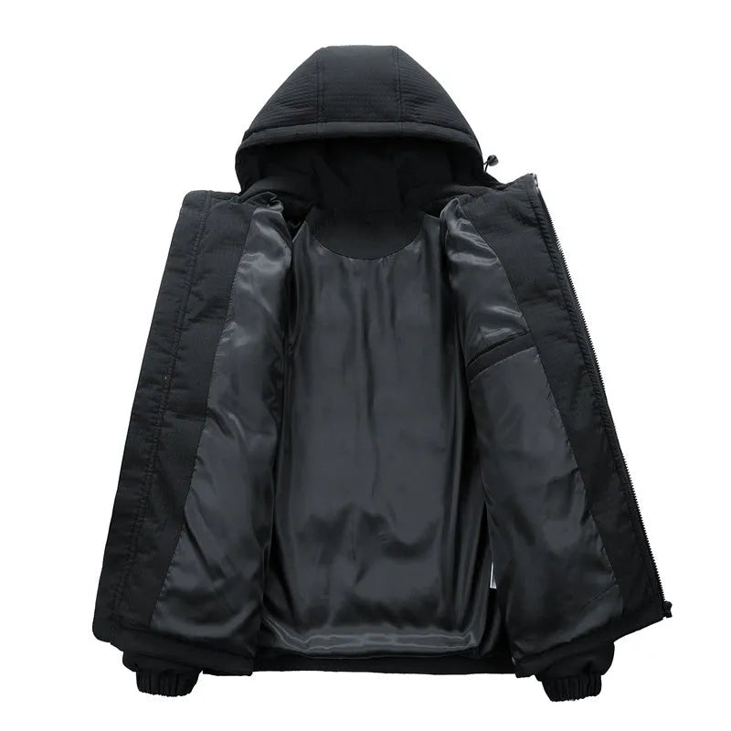 Men's black padded hooded jacket with white letter print detail on the front.