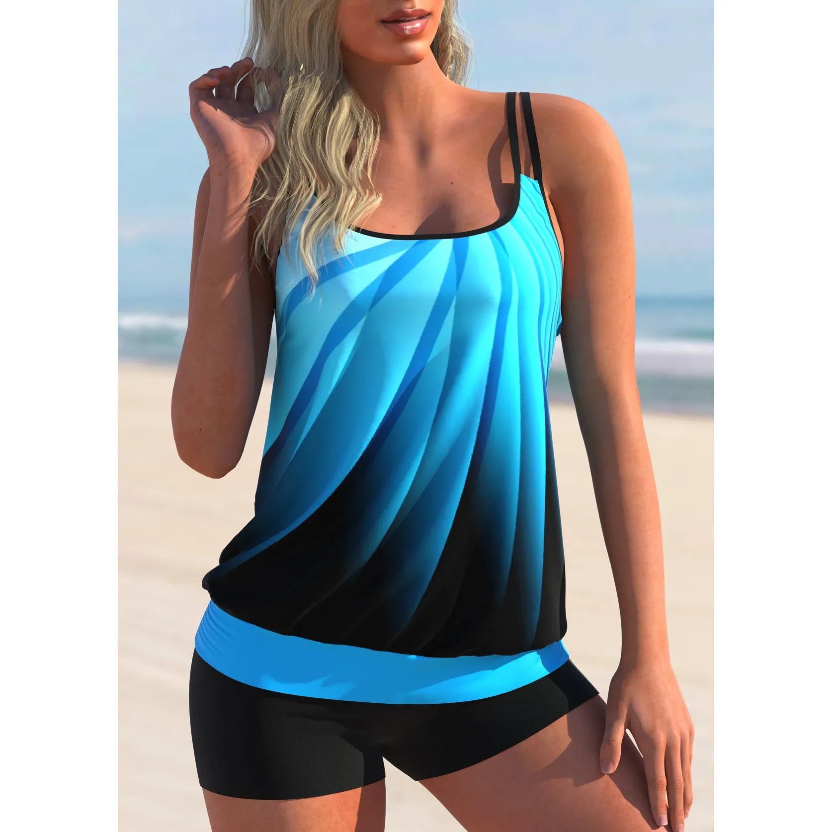 Women's plus size butterfly print swimsuit set with matching sling top and shorts