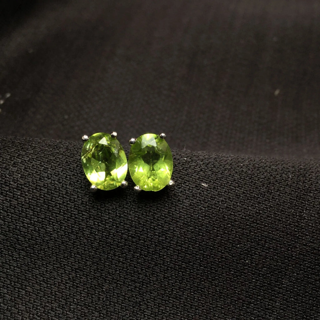 Grass green natural olivine faceted stud earrings in S925 silver setting