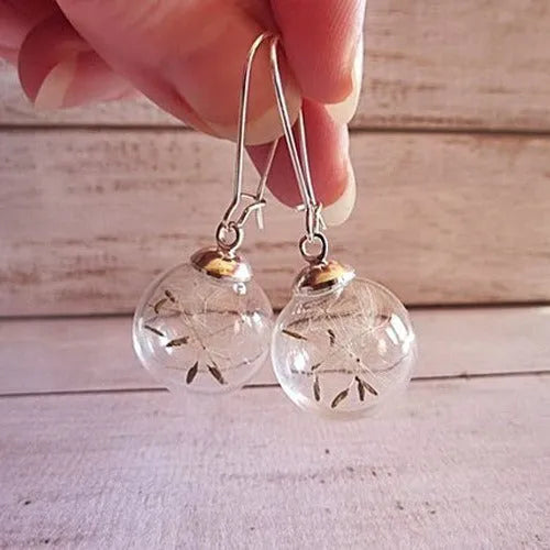 Transparent glass ball earrings with dandelion seed design and French hooks in silver or bronze finishes
