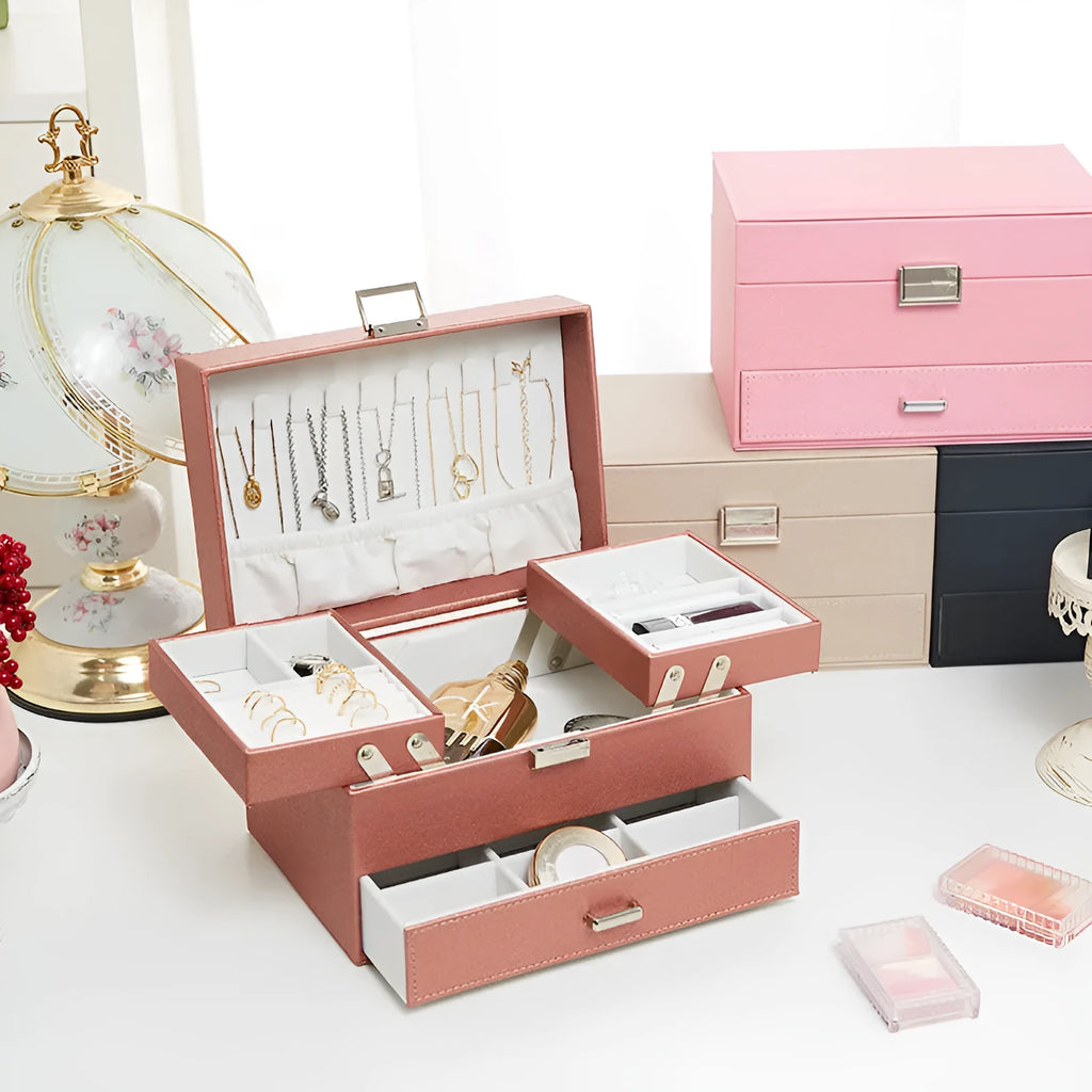 Hard shell leather jewellery storage box in beige solid colour showing dimensions