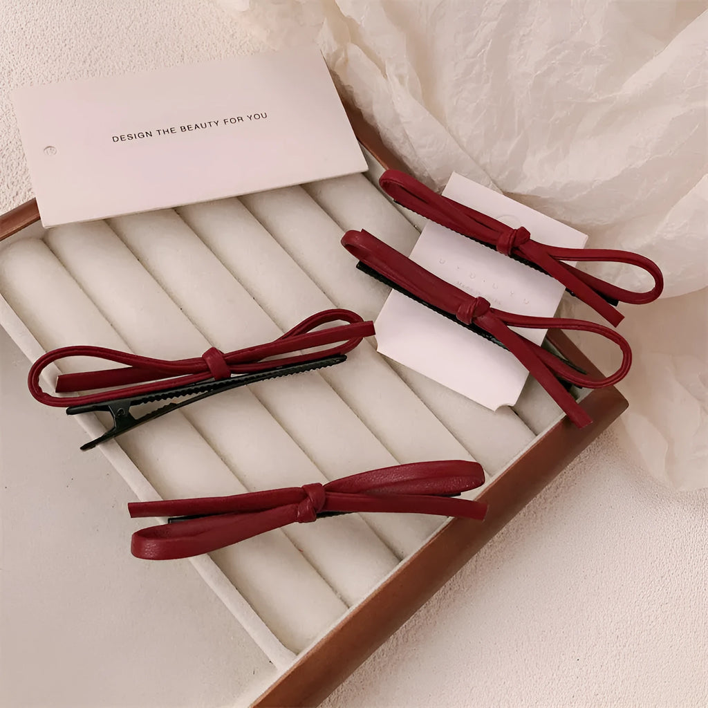 Wine red leather bow barrettes hair clips handcrafted construction