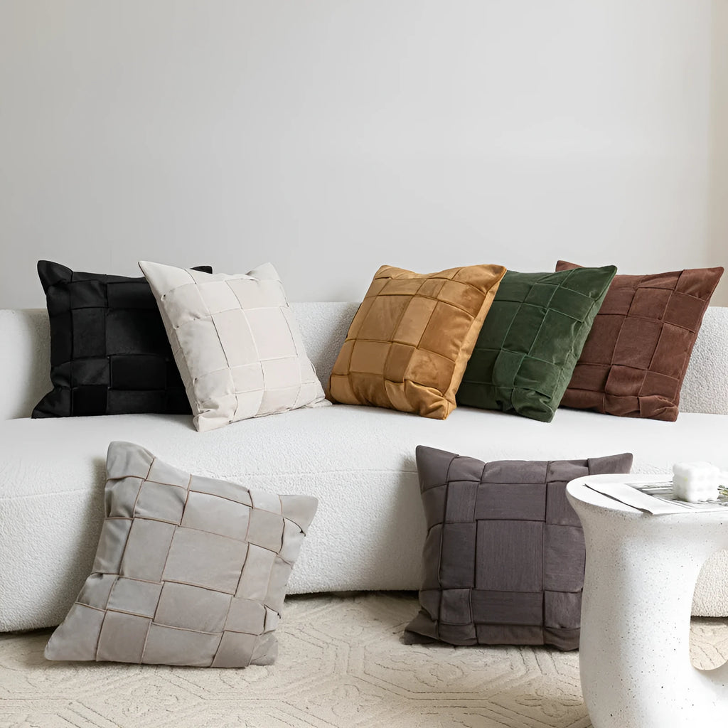 Square chenille woven sofa cushion in beige colour with textured surface and feather velvet core