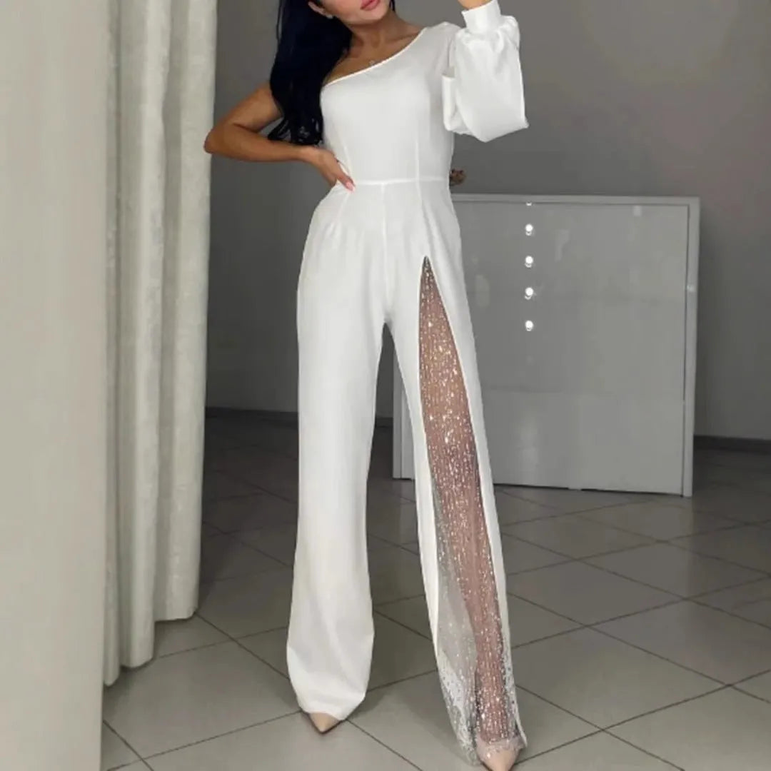 Women's black oblique shoulder jumpsuit with high slit design and long sleeves