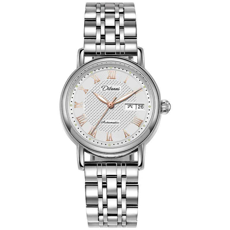 Women's automatic mechanical fashion watch with 12mm thickness showing steel and leather strap options