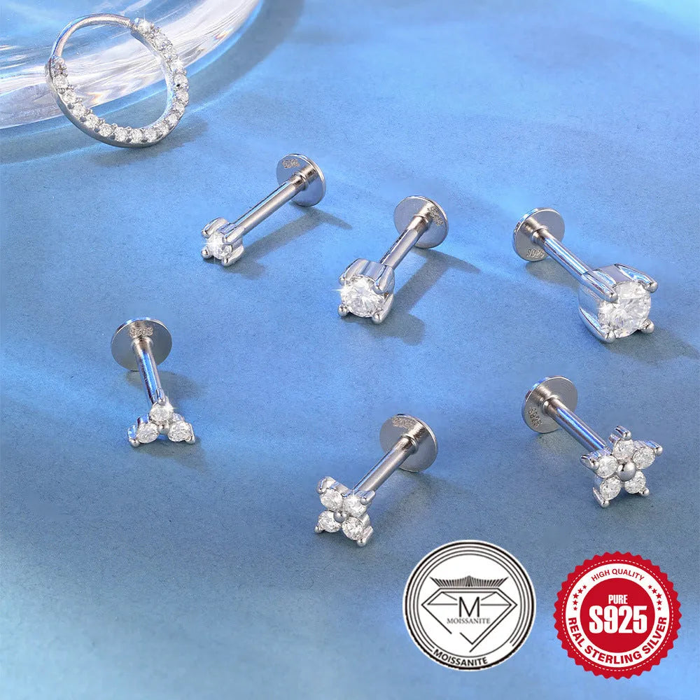 S925 sterling silver stud earrings with petal diamond geometric designs in platinum plating