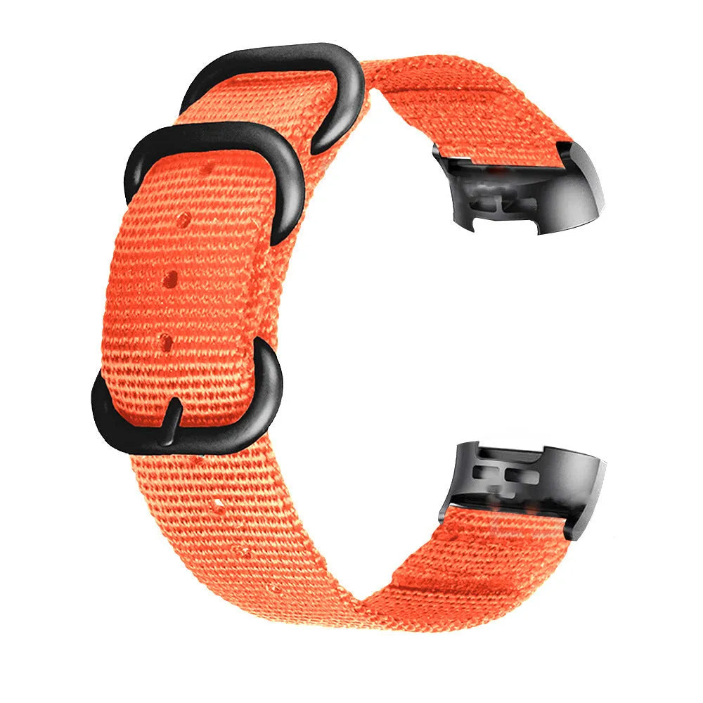 Nylon replacement strap with buckle for Fitbit Charge 2, 3, 4, and 5 fitness trackers.