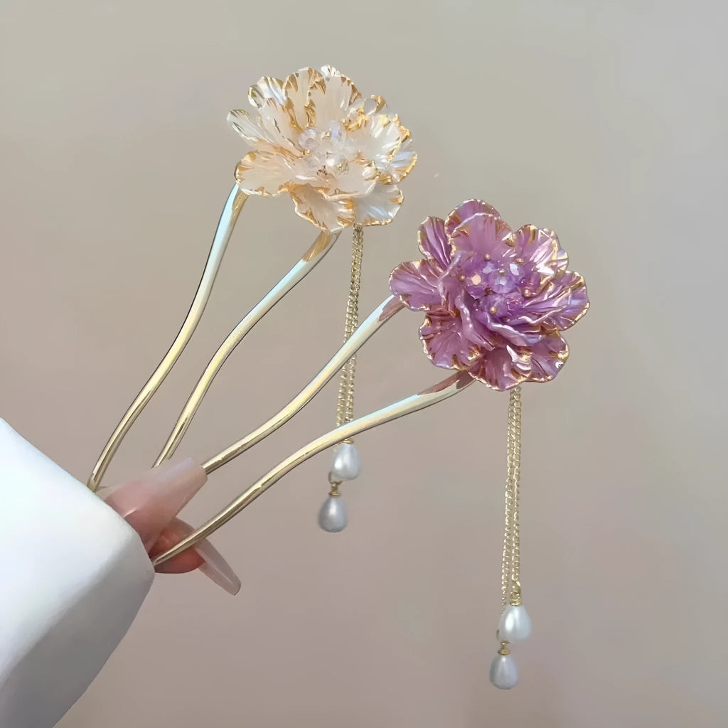 Retro pastoral style U-shaped hairpin with purple peony flower tassel decoration on alloy barrette