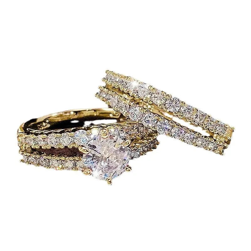 2 in 1 female ring set with diamond treatments in geometric shape, available silver gold or rose gold