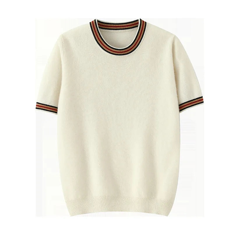 Men's pure wool short sleeve sweater round neck pullover in black, gray, white colours
