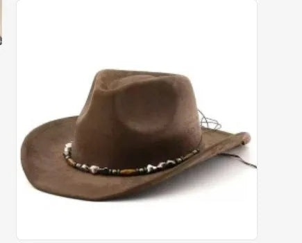 Brown leather velvet cowboy hat with curved brim and conical crown.