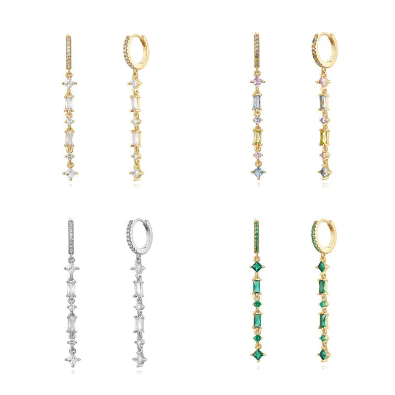 Geometric tassel ear clips with micro-inlaid colourful zircon stones on silver needle copper