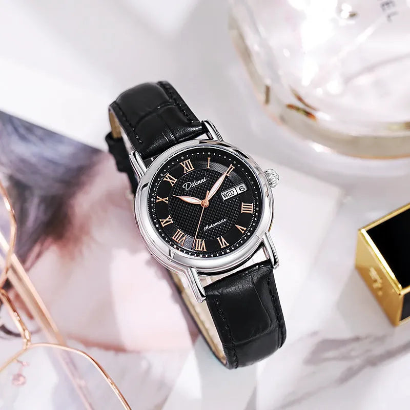 Women's automatic mechanical fashion watch with 12mm thickness showing steel and leather strap options
