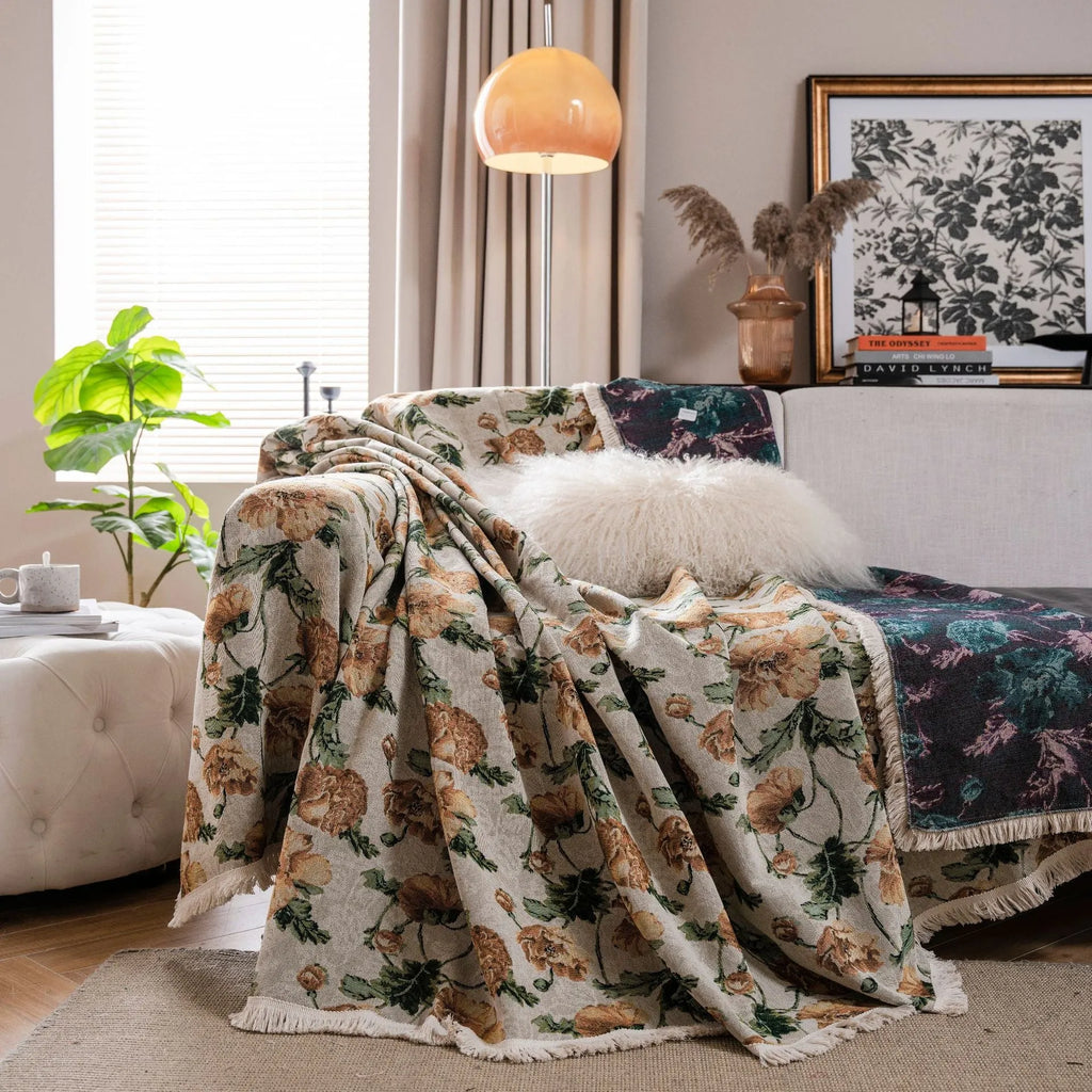 Thick jacquard floral sofa cover in American country style, showing detailed cherry flower pattern on white background.