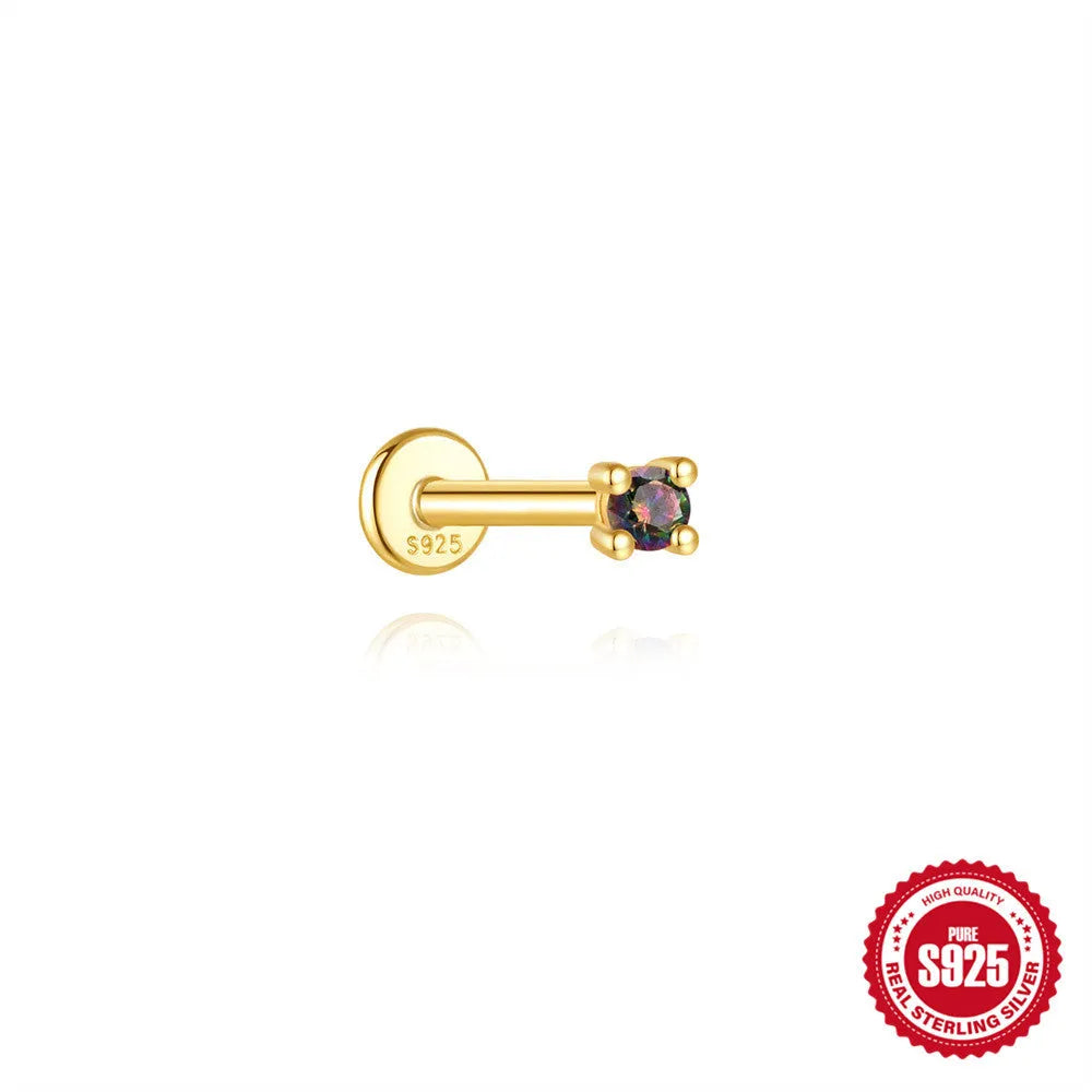 S925 sterling silver geometric flat head earring with a shiny rainbow stone on an alloy backing.