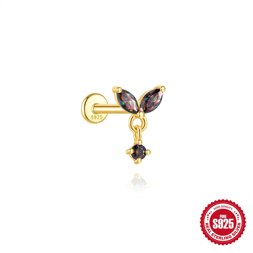 S925 sterling silver geometric flat head earring with a shiny rainbow stone on an alloy backing.
