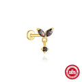 S925 sterling silver geometric flat head earring with a shiny rainbow stone on an alloy backing.