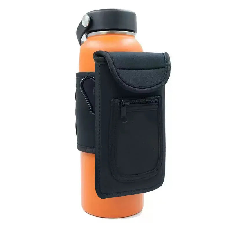 Fitness magnetic cup sleeve in grey with carabiner buckle, holding a large black sports water bottle.