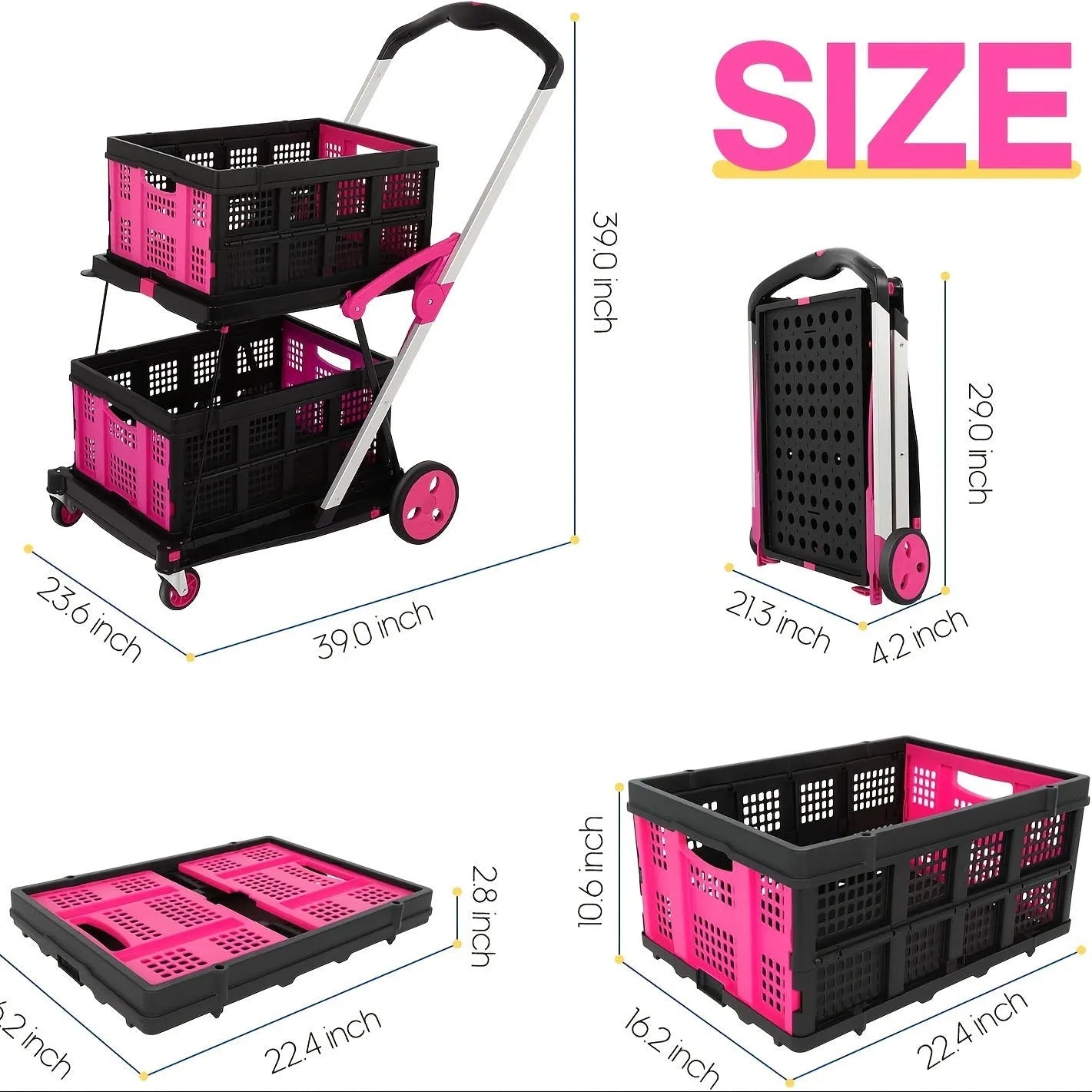 Foldable blue shopping trolley with two fabric basket compartments on a plastic frame.