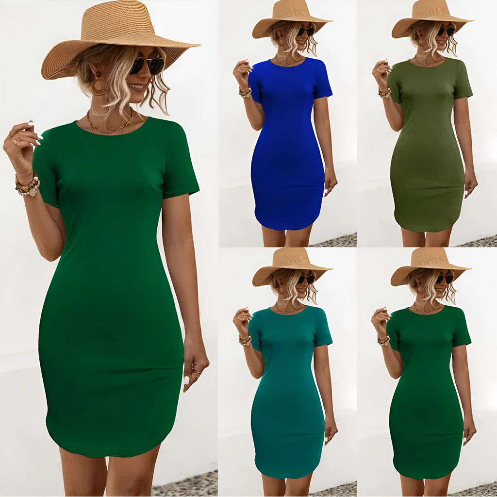 Women's solid colour short sleeve slim dress with U-neck and skirt split detail.