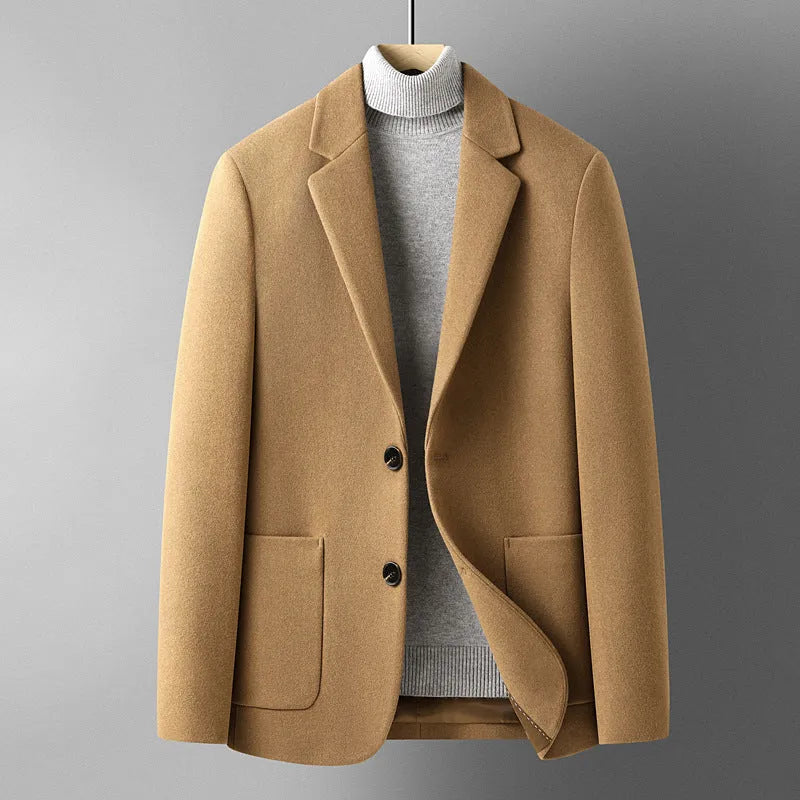 Men's slim fit grey wool suit jacket for autumn winter wear.