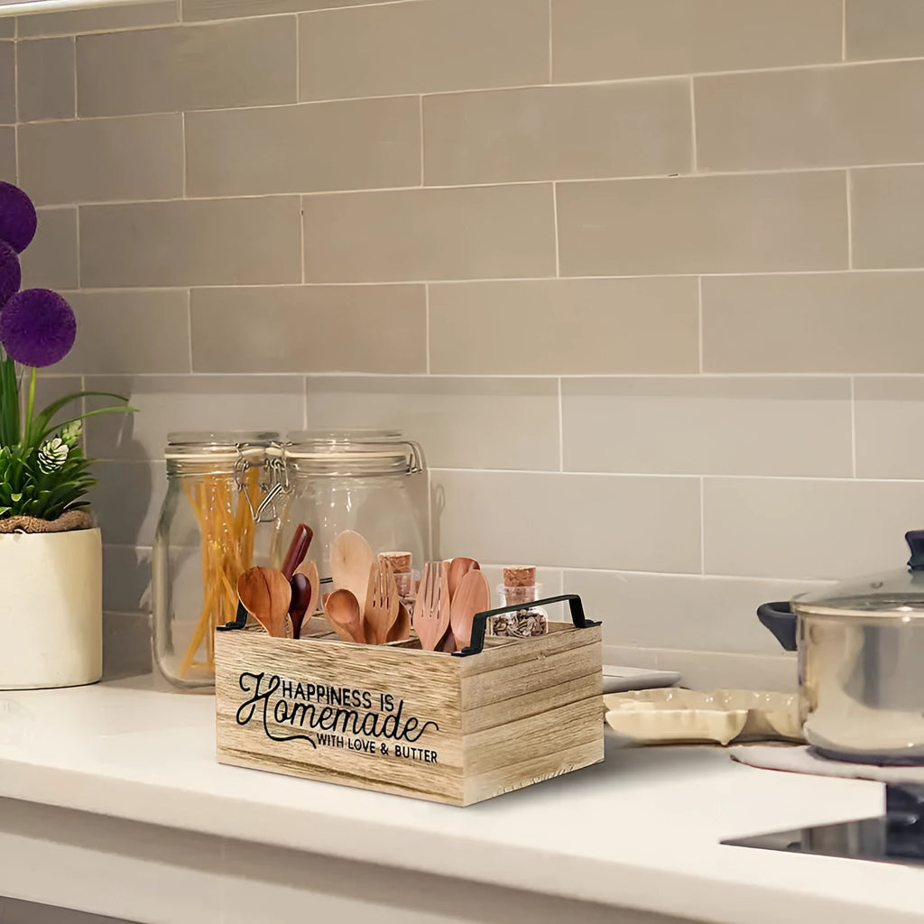 Wooden kitchen storage box with grid dividers for cutlery organisation