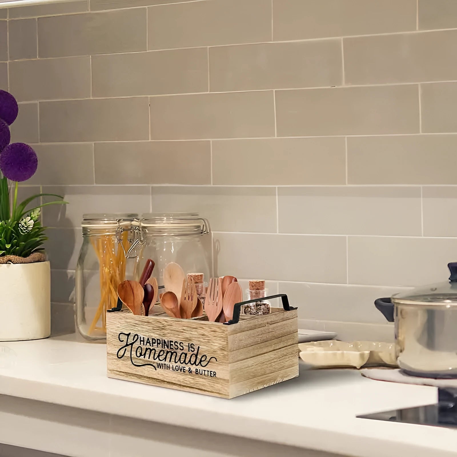 Wooden kitchen storage box with grid dividers for cutlery organisation
