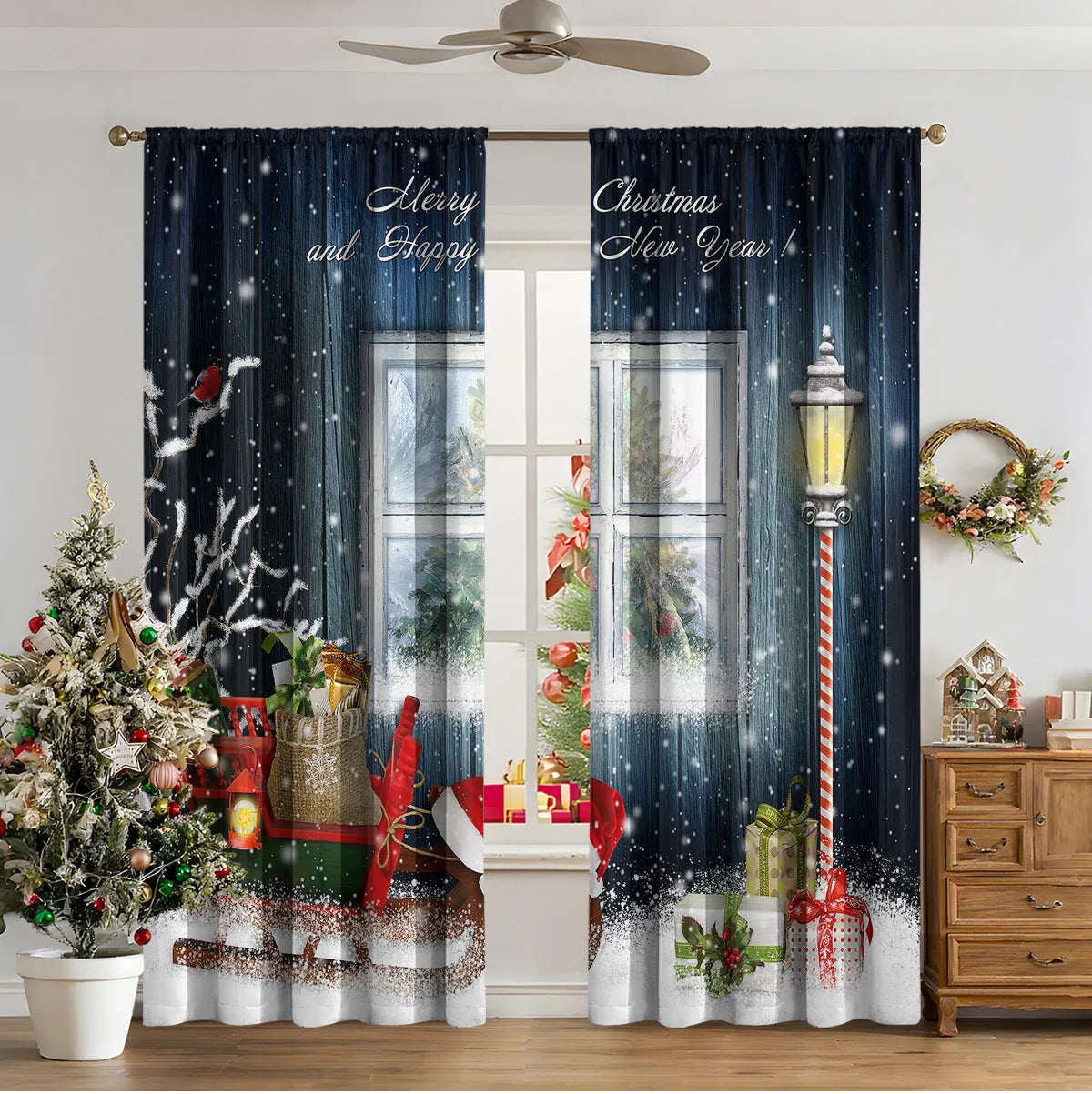 3D digitally printed modern Christmas curtain in a polyester fabric, showing one of fifteen available design styles.