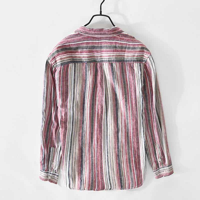 Men's striped linen shirt in red or grey with long sleeves and loose fit for spring summer wear