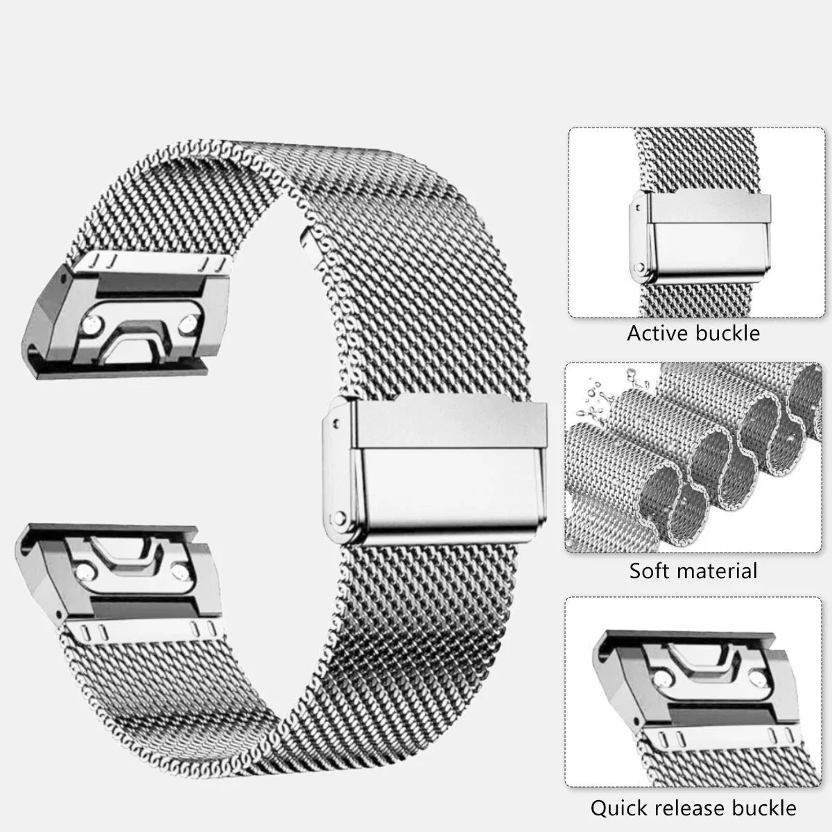 Stainless steel card holder watch strap for Garmin Fenix smartwatch in silver finish.