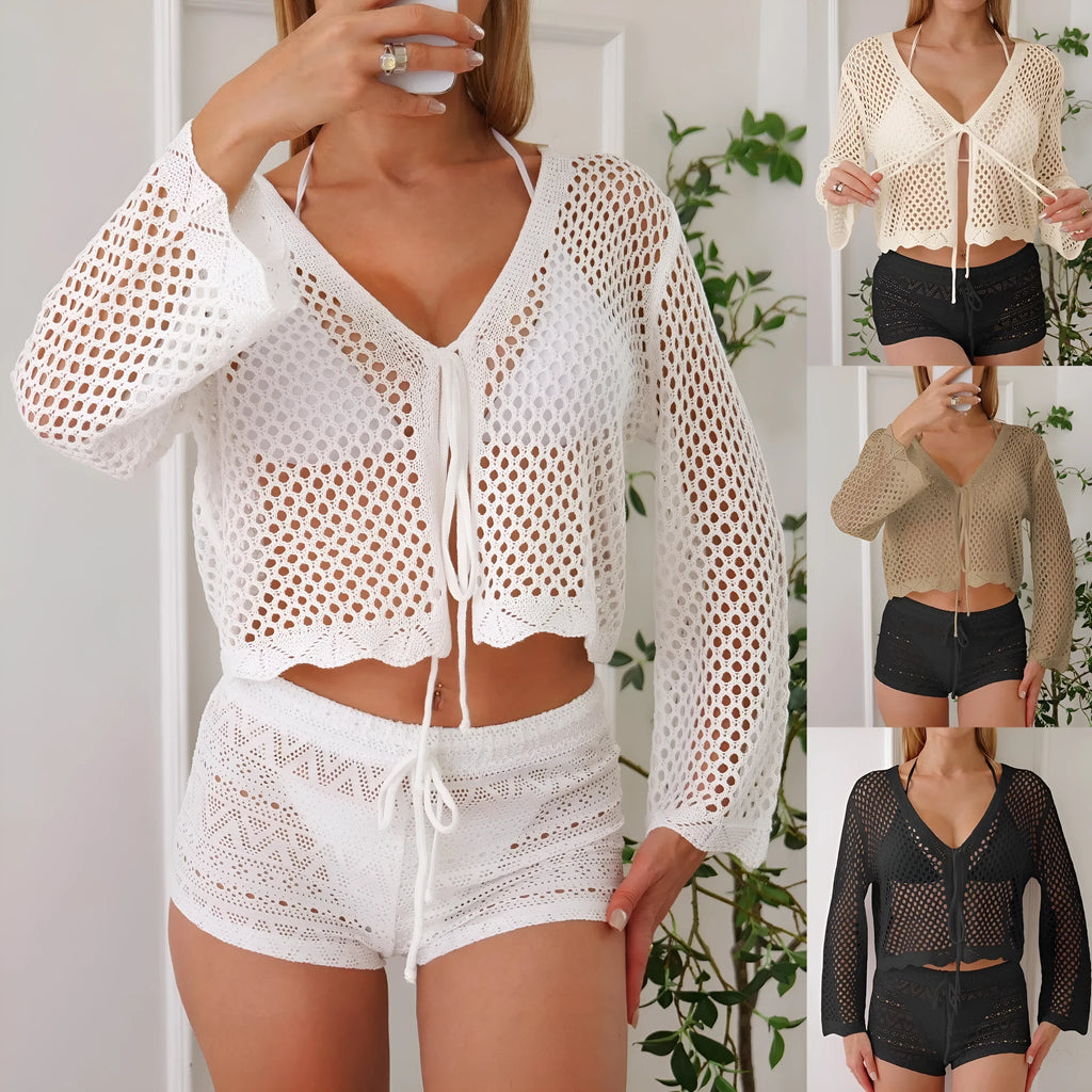 Women's cotton-like cardigan blouse with hollow woven fabric and bell sleeves in apricot colour