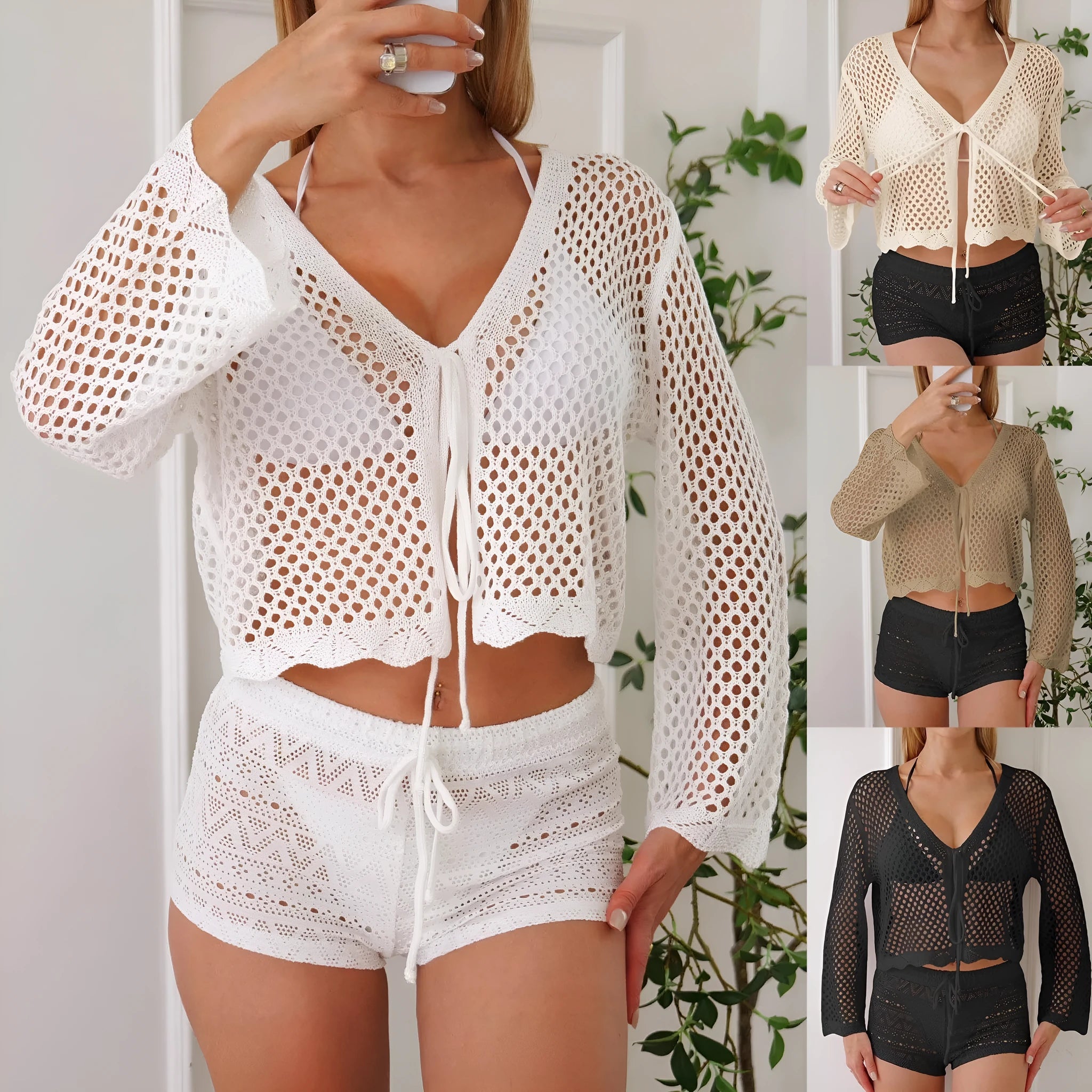 Women's cotton-like cardigan blouse with hollow woven fabric and bell sleeves in apricot colour