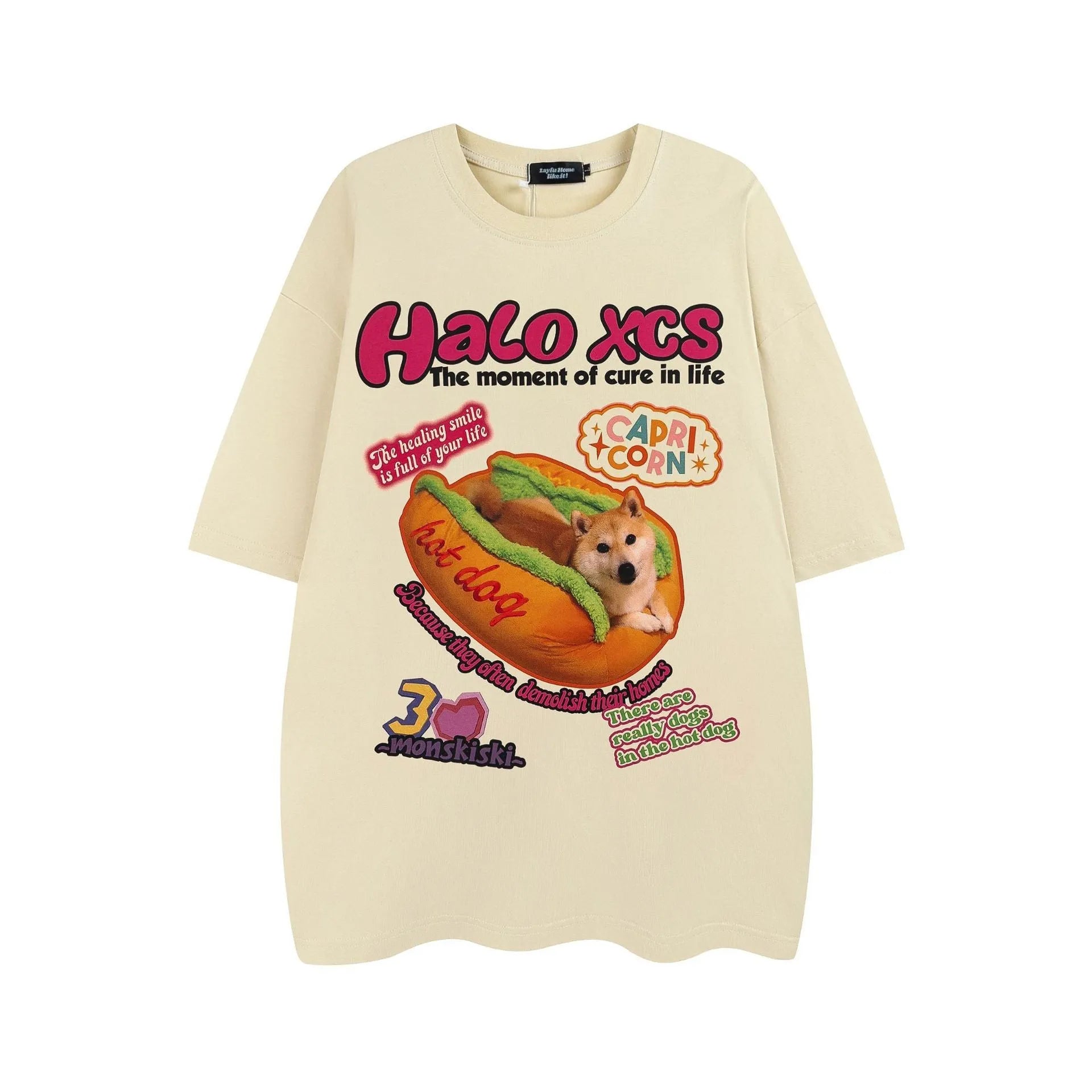 White short-sleeved cotton T-shirt with a cartoon print of a hamburger dog, showing a round neck and loose fit.