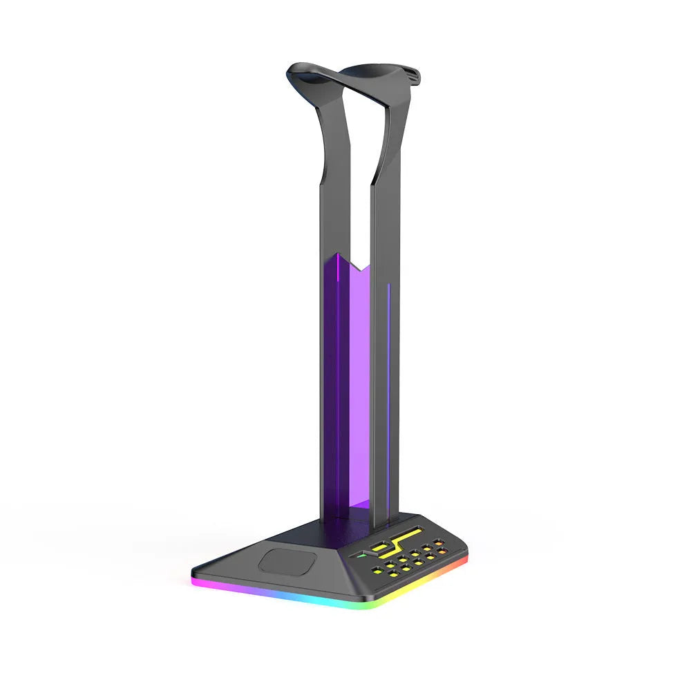 RGB headphone bracket with dual USB ports and customisable lighting on desk with headphones